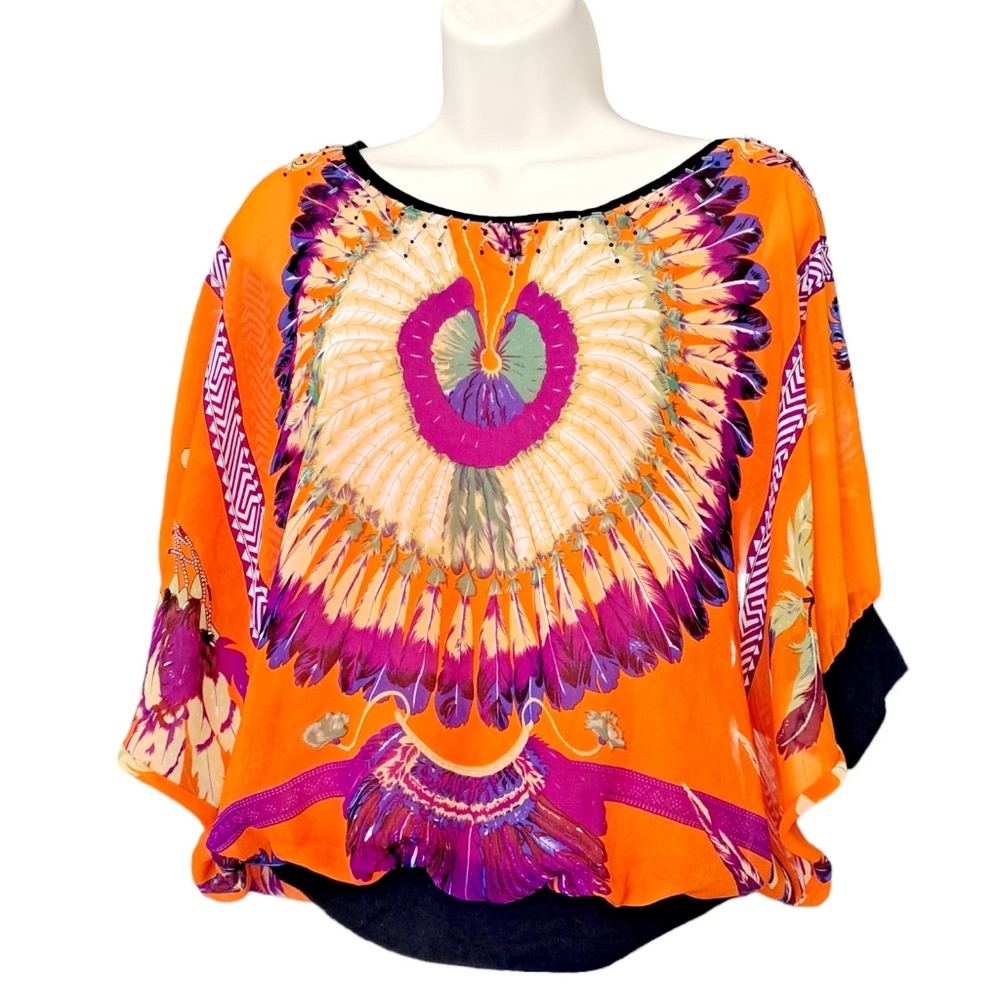 Vintage Elysee 26 Blouse Boho Multi Color Print Dolman Sleeve Top Sz S